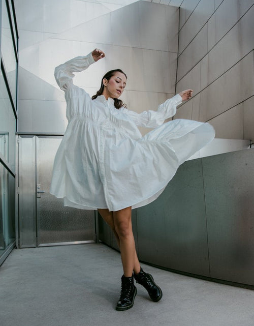 Load image into Gallery viewer, Hotaru Long Sleeve Pleated Shirt Dress - White by Marigold Shadows
