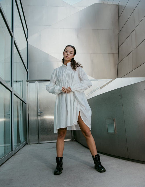Load image into Gallery viewer, Hotaru Long Sleeve Pleated Shirt Dress - White by Marigold Shadows
