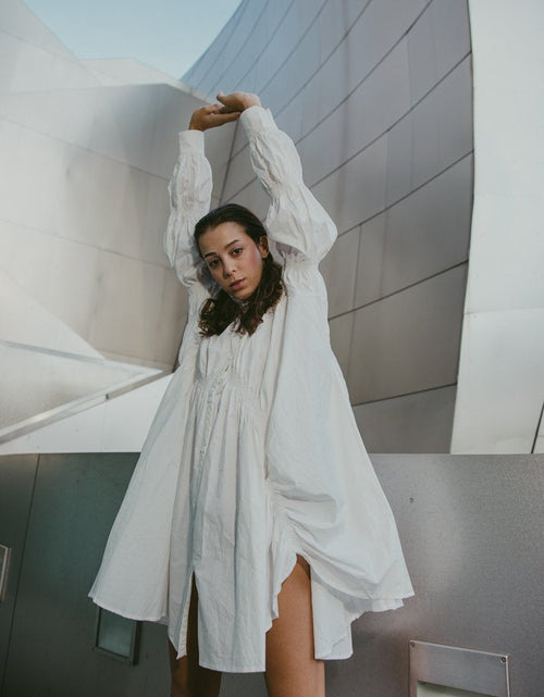 Load image into Gallery viewer, Hotaru Long Sleeve Pleated Shirt Dress - White by Marigold Shadows
