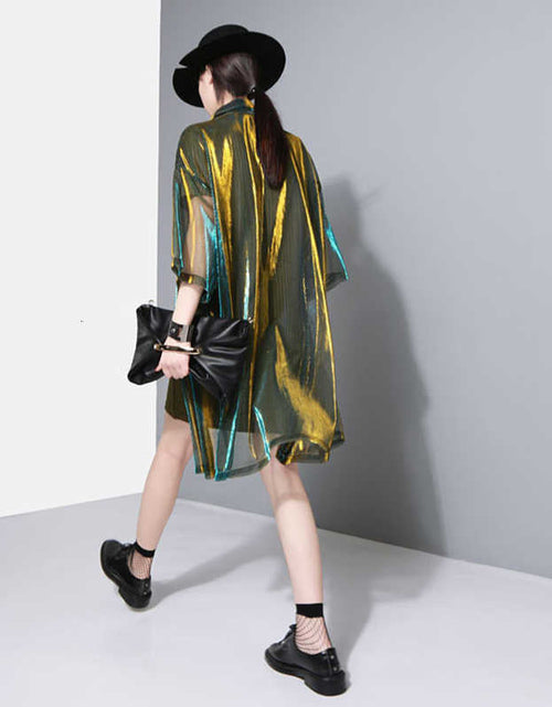 Load image into Gallery viewer, Reece Sheer Shimmer Shirt Dress - Gold Green by Marigold Shadows
