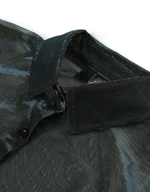Load image into Gallery viewer, Reece Sheer Shimmer Shirt Dress - Gold Green by Marigold Shadows
