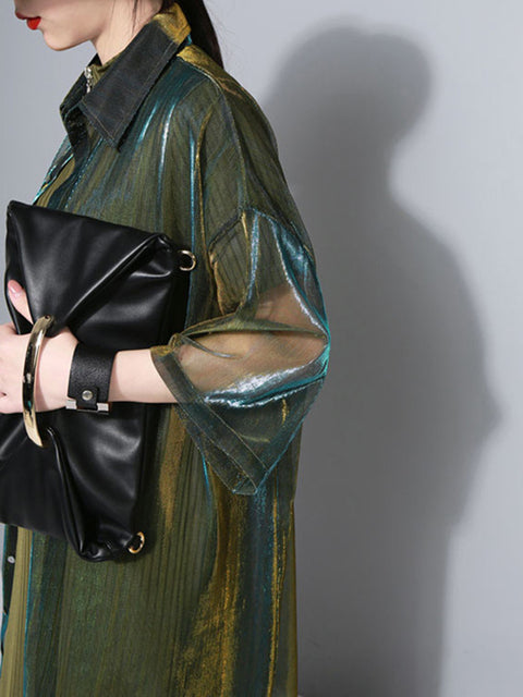Load image into Gallery viewer, Reece Sheer Shimmer Shirt Dress - Gold Green by Marigold Shadows
