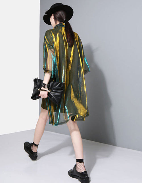Load image into Gallery viewer, Reece Sheer Shimmer Shirt Dress - Gold Green by Marigold Shadows
