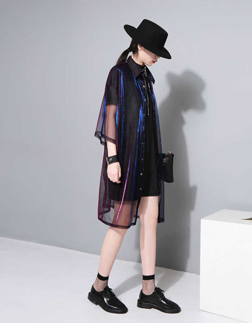 Load image into Gallery viewer, Reece Sheer Shimmer Shirt Dress - Rose Red Blue by Marigold Shadows
