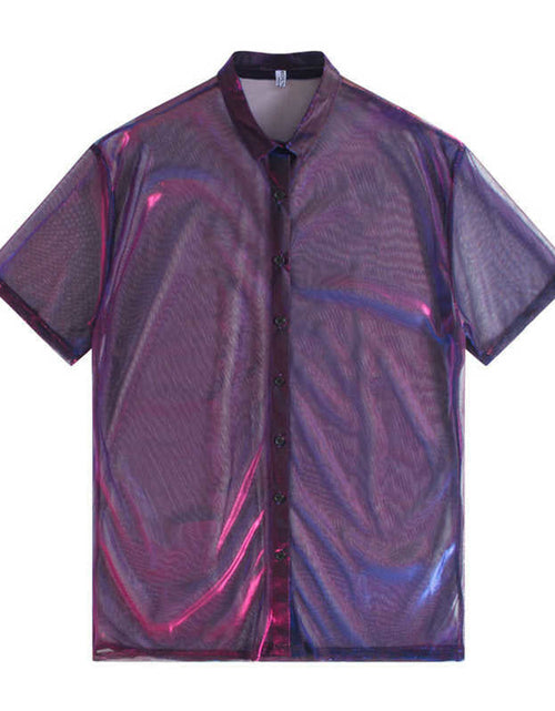 Load image into Gallery viewer, Reece Sheer Shimmer Shirt Dress - Rose Red Blue by Marigold Shadows
