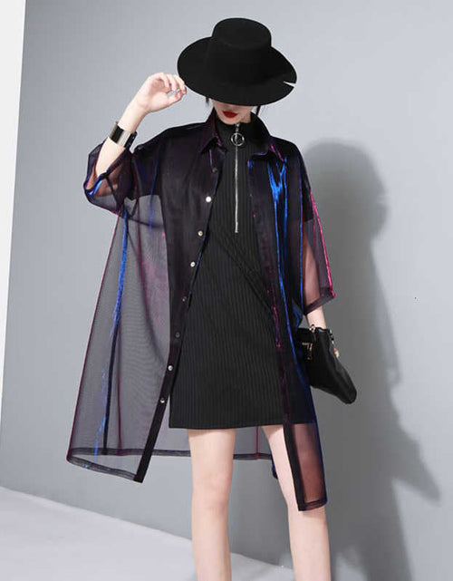 Load image into Gallery viewer, Reece Sheer Shimmer Shirt Dress - Rose Red Blue by Marigold Shadows
