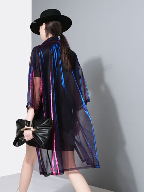 Load image into Gallery viewer, Reece Sheer Shimmer Shirt Dress - Rose Red Blue by Marigold Shadows
