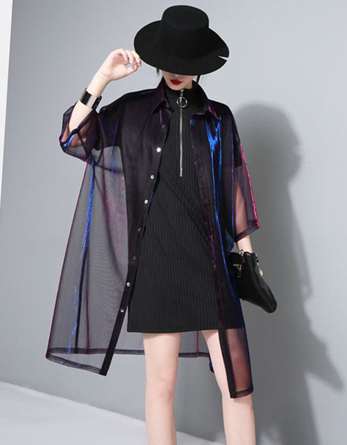 Load image into Gallery viewer, Reece Sheer Shimmer Shirt Dress - Rose Red Blue by Marigold Shadows
