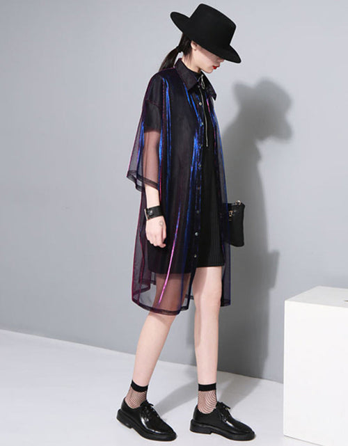 Load image into Gallery viewer, Reece Sheer Shimmer Shirt Dress - Rose Red Blue by Marigold Shadows
