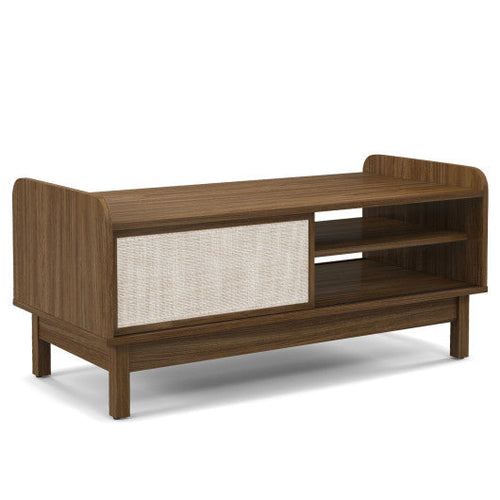 Load image into Gallery viewer, Mid-Century Center Table with Storage and Weaving Sliding Door &amp; Adjustable Shelf-Walnut
