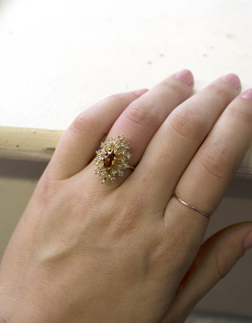 Load image into Gallery viewer, Vintage Ring Genuine Opal with Clear and Ruby Austrian Crystals 18kt Yellow Gold Electroplated by PVD Vintage Jewelry
