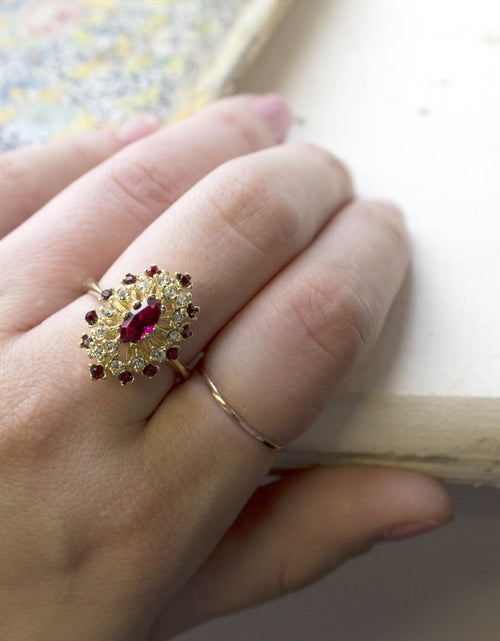 Load image into Gallery viewer, Vintage Ring Genuine Opal with Clear and Ruby Austrian Crystals 18kt Yellow Gold Electroplated by PVD Vintage Jewelry
