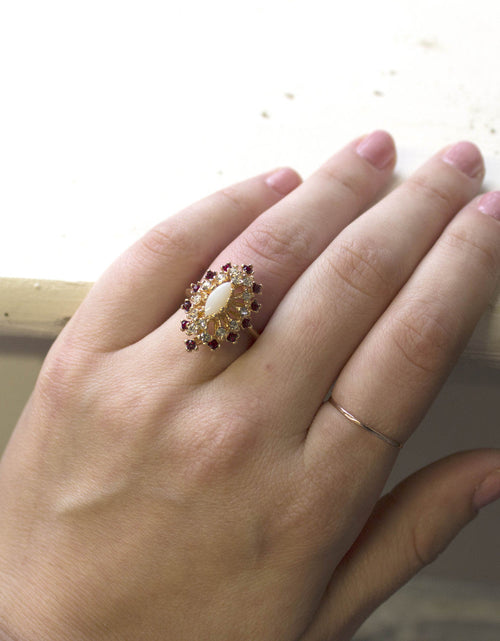 Load image into Gallery viewer, Vintage Ring Genuine Opal with Clear and Ruby Austrian Crystals 18kt Yellow Gold Electroplated by PVD Vintage Jewelry
