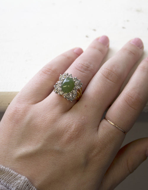 Load image into Gallery viewer, Vintage Emerald Green Crystal Cabochon Stone &amp; Clear Crystal Ring in 18kt Yellow Gold Electroplate by PVD Vintage Jewelry
