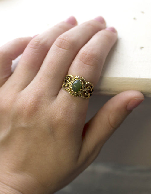 Load image into Gallery viewer, Vintage Jewelry Genuine Jade Ring Antiqued 18kt Yellow Gold Electroplated Made in the USA by PVD Vintage Jewelry
