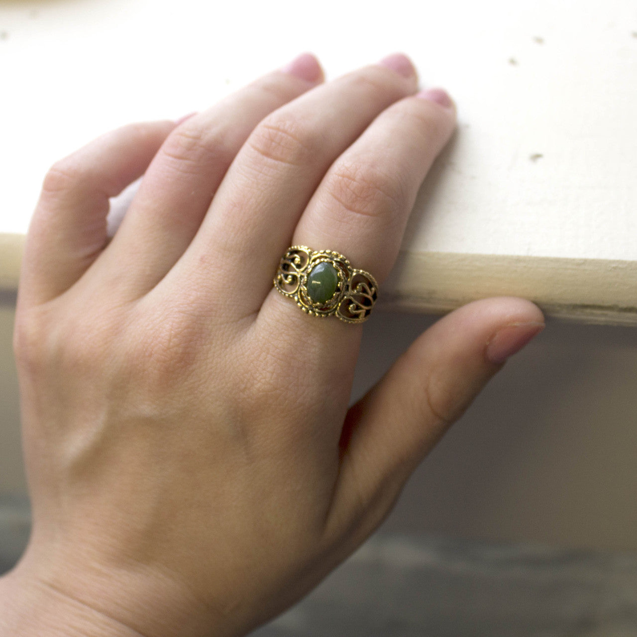 Vintage Jewelry Genuine Jade Ring Antiqued 18kt Yellow Gold Electroplated Made in the USA by PVD Vintage Jewelry