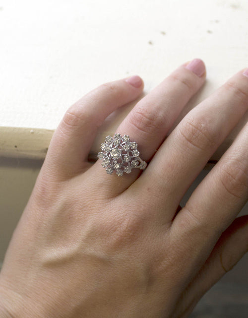 Load image into Gallery viewer, Vintage Clear Austrian Crystal Burst Ring 18k White Gold Electroplated Made in USA by PVD Vintage Jewelry

