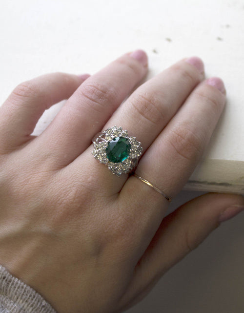 Load image into Gallery viewer, Vintage Emerald Green Crystal Cabochon Stone &amp; Clear Crystal Ring in 18kt Yellow Gold Electroplate by PVD Vintage Jewelry
