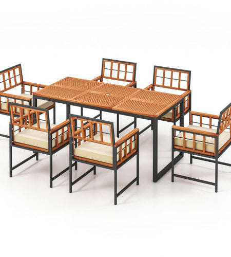 7 Pieces Patio Acacia Wood Dining Set with Soft Cushions and Umbrella Hole-Natural