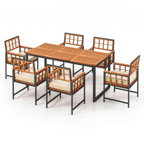 Load image into Gallery viewer, 7 Pieces Patio Acacia Wood Dining Set with Soft Cushions and Umbrella Hole-Natural
