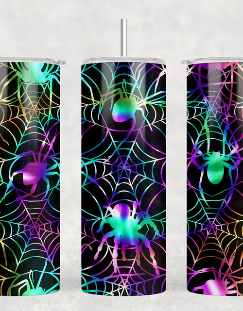 Load image into Gallery viewer, Neon Spider Webs - 20 oz Steel Skinny Tumbler - Optional Blue Tooth Speaker - Speaker Color will Vary by Rowdy Ridge Co
