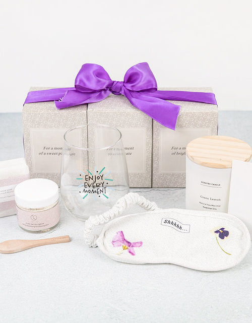 Load image into Gallery viewer, Lizush Luxury Spa Gift Basket And Self Care Gifts For Women With Wine Glass, Candle, Lavender Soap Bar, Facial Clay Mask, Eye Mask - Enjoy Every Moment - 5 Piece Set by Lizush
