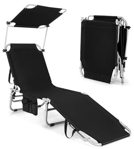 Adjustable Outdoor Beach Patio Pool Recliner with Sun Shade-Black