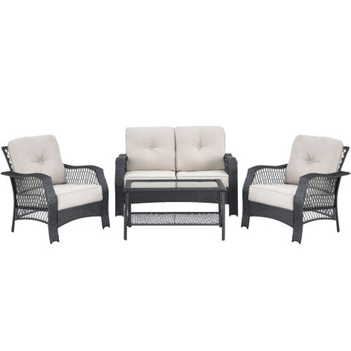 Load image into Gallery viewer, 4 Pieces Patio Wicker Furniture Set Loveseat Sofa Coffee Table with Cushion-Beige
