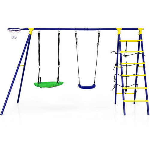 Load image into Gallery viewer, 5-In-1 Outdoor Kids Swing Set with A-Shaped Metal Frame and Ground Stake
