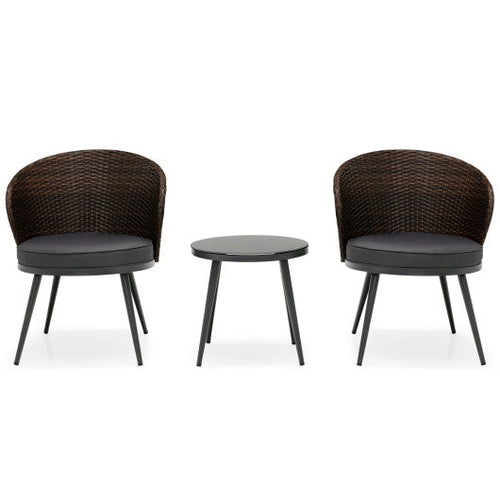 Load image into Gallery viewer, 3 Pieces Patio Rattan Bistro Set with 2 Seat Cushions and Tempered Glass Tabletop-Brown
