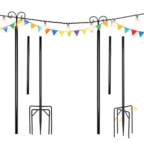 Load image into Gallery viewer, String Light Poles 2 Pack Outdoor Metal Poles with Top Arc Hook and 5-Prong Base-10 ft
