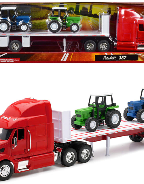 Load image into Gallery viewer, Peterbilt 387 Flatbed Truck Red with 2 Farm Tractors Blue and Green "Long Haul Trucker" Series 1/32 Diecast Model by New Ray
