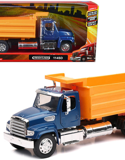 Load image into Gallery viewer, Freightliner 114SD Dump Truck Blue and Yellow "Long Haul Trucker" Series 1/32 Diecast Model by New Ray
