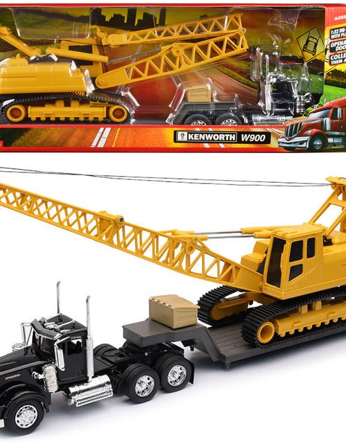 Load image into Gallery viewer, Kenworth W900 Truck with Lowboy Trailer Black and Crane Yellow "Long Haul Trucker" Series 1/32 Diecast Model by New Ray
