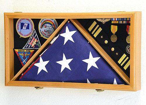 Load image into Gallery viewer, Large Flag &amp; Medals Military Pins Patches Insignia Holds up to 3x5 Flag with oak finish material by The Military Gift Store
