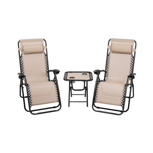 Load image into Gallery viewer, 3 Pieces Folding Portable Zero Gravity Reclining Lounge Chairs Table Set-Beige
