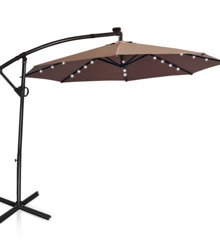 10 ft 360° Rotation Solar Powered LED Patio Offset Umbrella without Weight Base-Tan