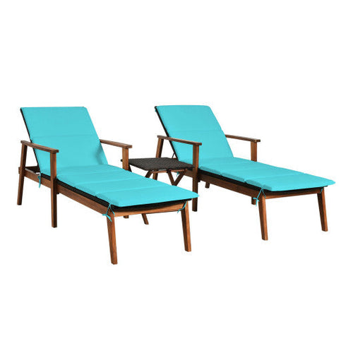 Load image into Gallery viewer, 3 Pieces Portable Patio Cushioned Rattan Lounge Chair Set with Folding Table-Turquoise
