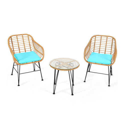 Load image into Gallery viewer, 3 Pieces Rattan Furniture Set with Cushioned Chair Table-Turquoise
