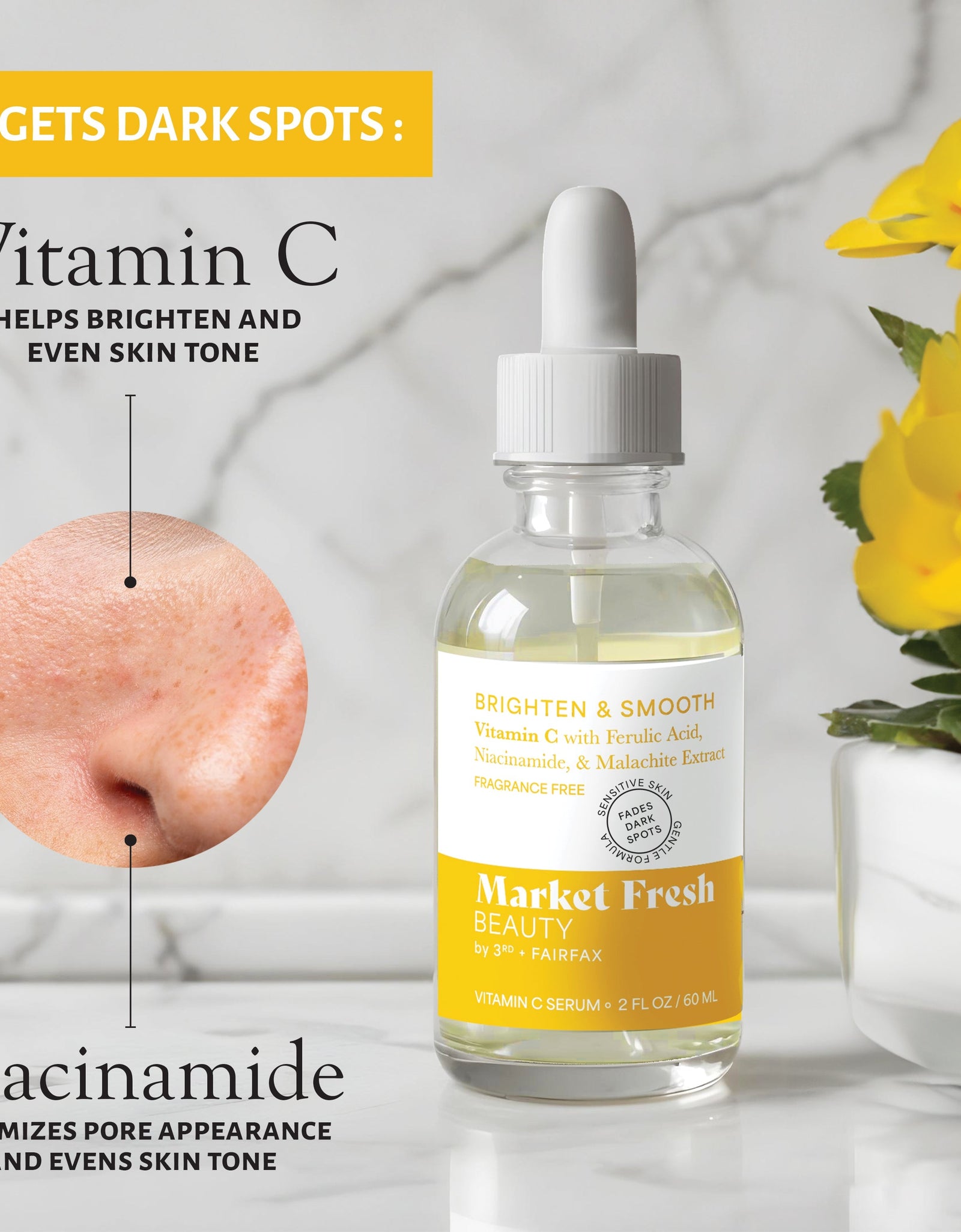 Market Fresh Beauty Vitamin C Serum with Ferulic Acid, Niacinamide, & Malachite Extract | Brighten & Smooth | Fragrance-Free | 2 fl oz by  Los Angeles Brands