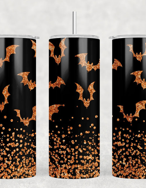Load image into Gallery viewer, Orange faux glitter Bats - 20 oz Steel Skinny Tumbler - Optional Blue Tooth Speaker - Speaker Color will Vary by Rowdy Ridge Co
