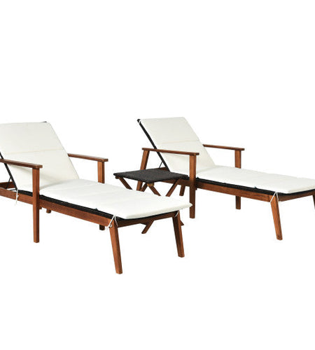 3 Pieces Portable Patio Cushioned Rattan Lounge Chair Set with Folding Table-White