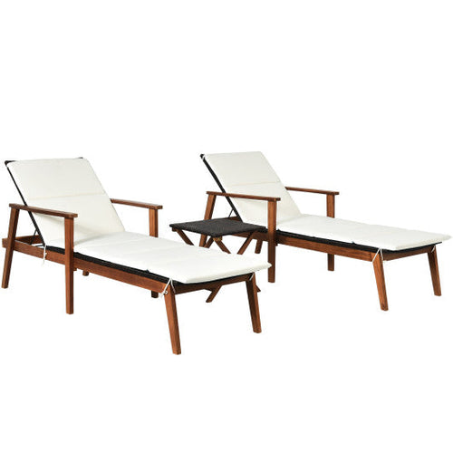 Load image into Gallery viewer, 3 Pieces Portable Patio Cushioned Rattan Lounge Chair Set with Folding Table-White
