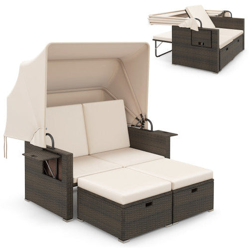 Load image into Gallery viewer, Outdoor Patio Rattan Daybed with Retractable Canopy and Adjustable Backrests-Beige

