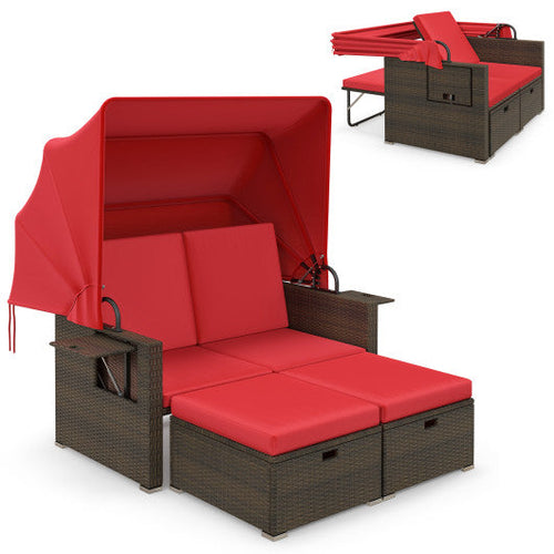 Load image into Gallery viewer, Outdoor Patio Rattan Daybed with Retractable Canopy and Adjustable Backrests-Red
