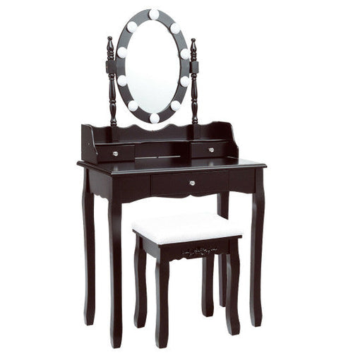 Load image into Gallery viewer, Oval Mirror Vanity Set  with 10 LED Dimmable Bulbs and 3 Drawers-Brown
