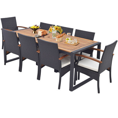 Load image into Gallery viewer, 9 Pieces  Patio Rattan Dining Set with Acacia Wood Table for Backyard  Garden-Wood Handrail
