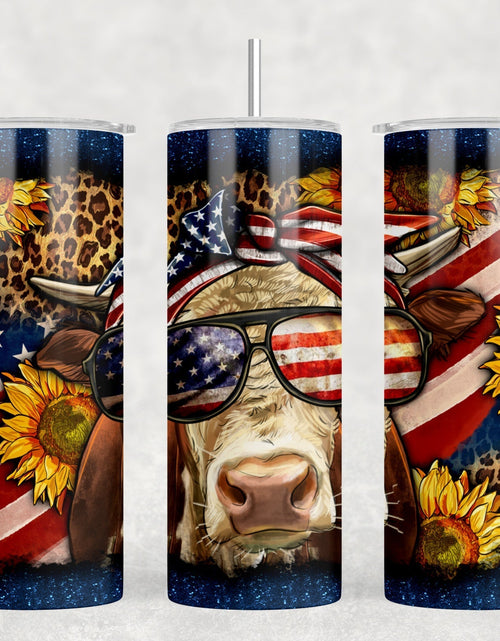 Load image into Gallery viewer, Patriotic Cow - 20 oz Steel Skinny Tumbler - Optional Blue Tooth Speaker - Speaker Color will Vary by Rowdy Ridge Co
