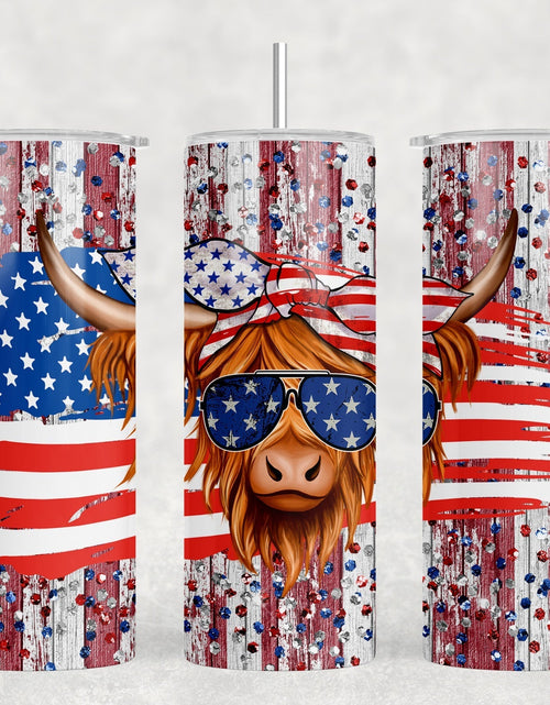 Load image into Gallery viewer, Patriotic Highland Cow - 20 oz Steel Skinny Tumbler - Optional Blue Tooth Speaker - Speaker Color will Vary by Rowdy Ridge Co
