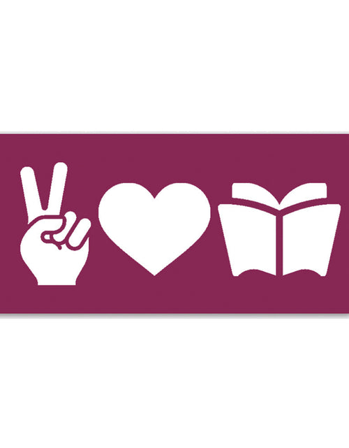 Load image into Gallery viewer, Peace, Love, Books Sticker by Kind Cotton
